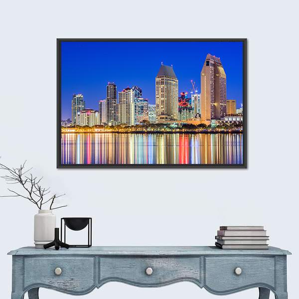San Diego Downtown Night Skyline Canvas Wall Art in yellow, blue and multicolor, framed canvas, product view on a white background