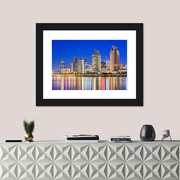San Diego Downtown Cityscape At Night Canvas Wall Art-1 Piece-Framed Print-20" x 16"-Tiaracle