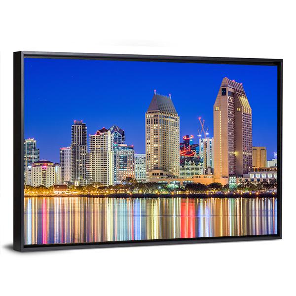 San Diego Downtown Cityscape At Night Canvas Wall Art-3 Horizontal-Gallery Wrap-25" x 16"-Tiaracle