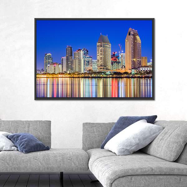 San Diego Downtown Cityscape At Night Canvas Wall Art-3 Horizontal-Gallery Wrap-25" x 16"-Tiaracle