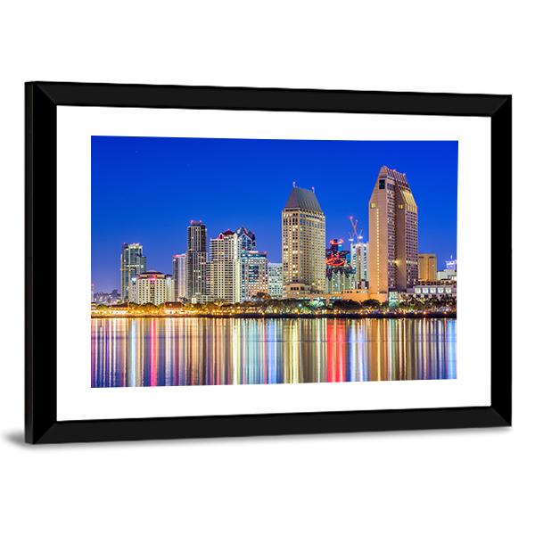 San Diego Downtown Cityscape At Night Canvas Wall Art-3 Horizontal-Gallery Wrap-25" x 16"-Tiaracle