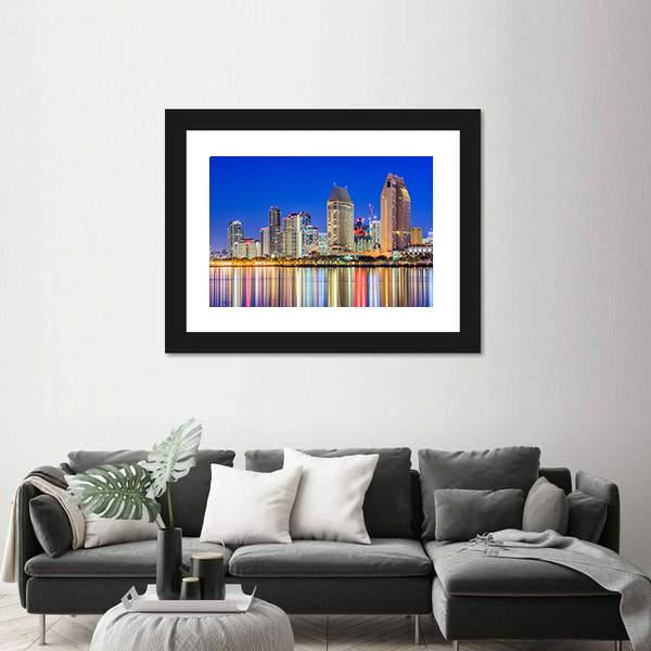 San Diego Downtown Cityscape At Night Canvas Wall Art-3 Horizontal-Gallery Wrap-25" x 16"-Tiaracle