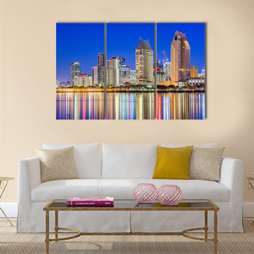 San Diego Downtown Cityscape At Night Canvas Wall Art-3 Horizontal-Gallery Wrap-37" x 24"-Tiaracle