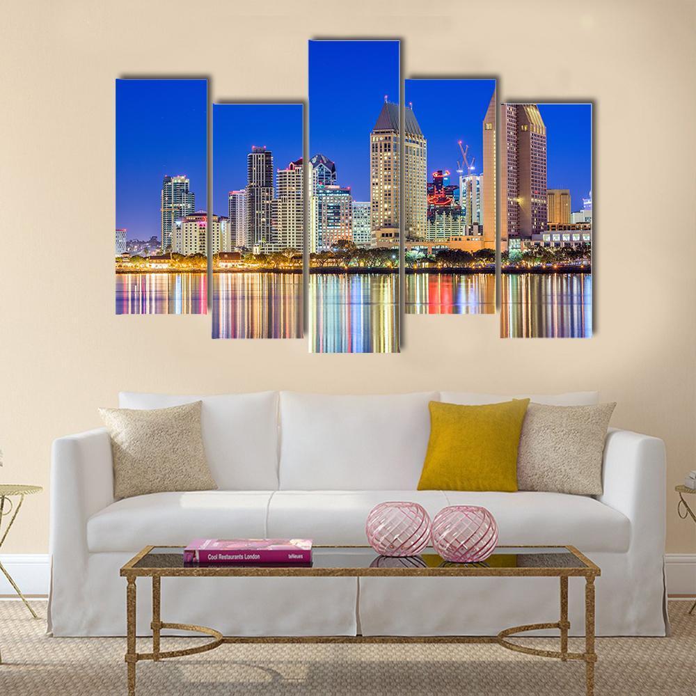 San Diego Downtown Cityscape At Night Canvas Wall Art-5 Pop-Gallery Wrap-47" x 32"-Tiaracle