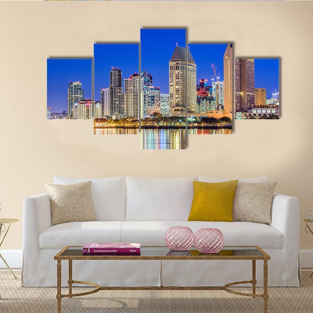 San Diego Downtown Cityscape At Night Canvas Wall Art-5 Star-Gallery Wrap-62" x 32"-Tiaracle