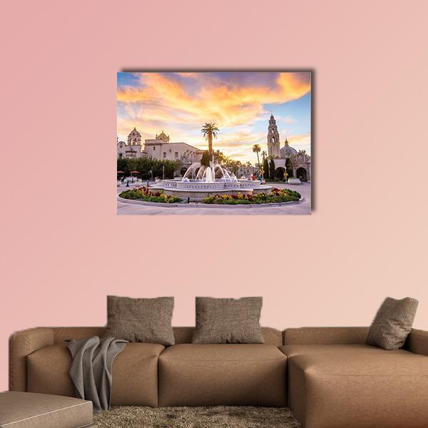 San Diego Balboa Park at Twilight Canvas Wall Art in white, orange and blue, single panel hung on a wall