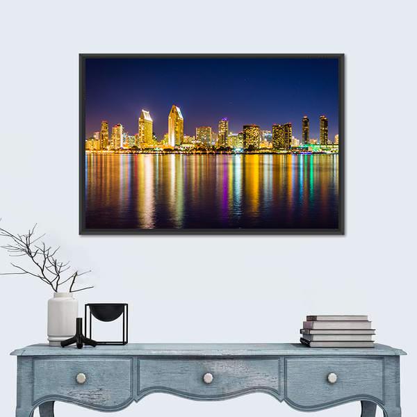 San Diego Skyline At Night Panoramic Canvas Wall Art-1 Piece-36" x 12"-Tiaracle