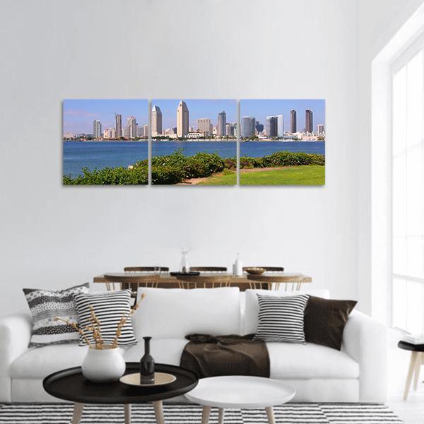 San Diego Skyline Panoramic Canvas Wall Art in white, green and blue, hung on a wall