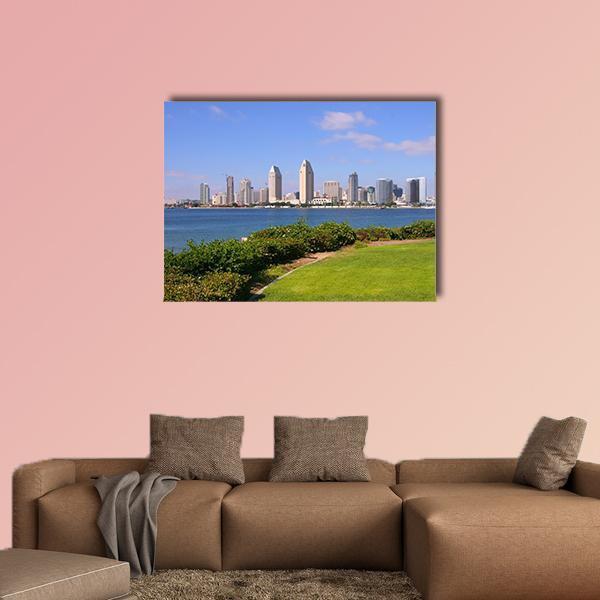 San Diego Waterfront Skyline Canvas Wall Art in green and blue, single panel hung on a wall