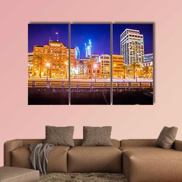 San Francisco Downtown City Skyline At Night Canvas Wall Art-3 Horizontal-Gallery Wrap-25" x 16"-Tiaracle