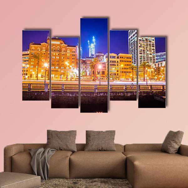 San Francisco Downtown City Skyline At Night Canvas Wall Art-5 Pop-Gallery Wrap-47" x 32"-Tiaracle