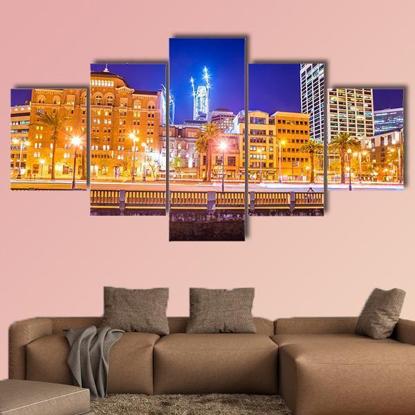 San Francisco Downtown City Skyline At Night Canvas Wall Art-5 Star-Gallery Wrap-62" x 32"-Tiaracle