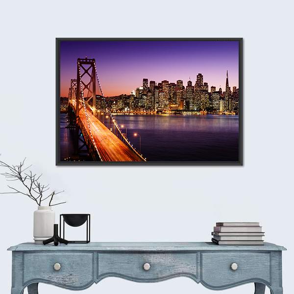 San Francisco Skyline And Bay Bridge At Sunset Canvas Wall Art-3 Horizontal-Gallery Wrap-25" x 16"-Tiaracle