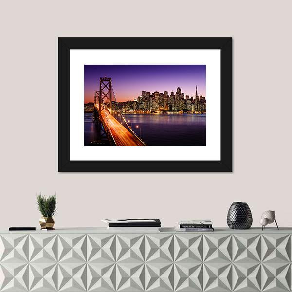 San Francisco Skyline And Bay Bridge At Sunset Canvas Wall Art-3 Horizontal-Gallery Wrap-25" x 16"-Tiaracle