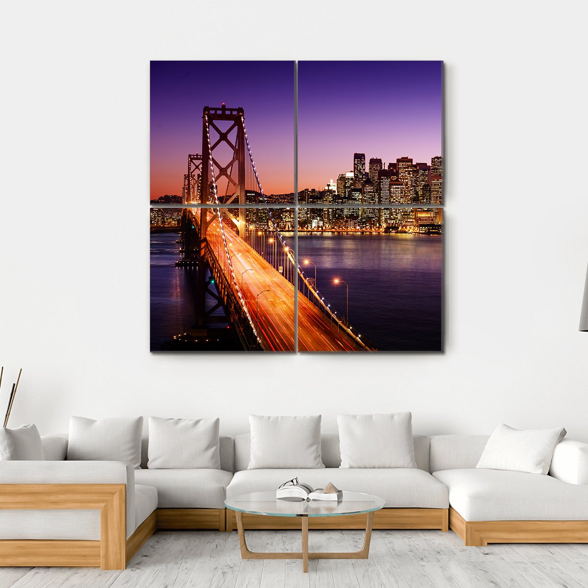 San Francisco Skyline And Bay Bridge At Sunset Canvas Wall Art-4 Square-Gallery Wrap-17" x 17"-Tiaracle