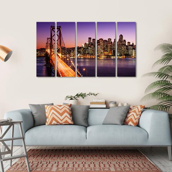 San Francisco Skyline And Bay Bridge At Sunset Canvas Wall Art-5 Horizontal-Gallery Wrap-22" x 12"-Tiaracle