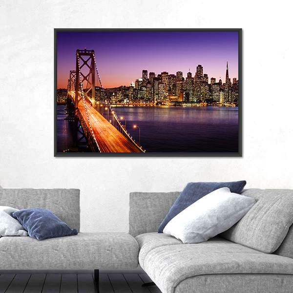 San Francisco Skyline and Bay Bridge at Sunset Canvas Wall Art in black, orange and purple, framed canvas, product view on a white background