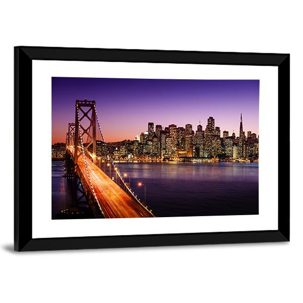 San Francisco Skyline And Bay Bridge At Sunset Canvas Wall Art-3 Horizontal-Gallery Wrap-25" x 16"-Tiaracle