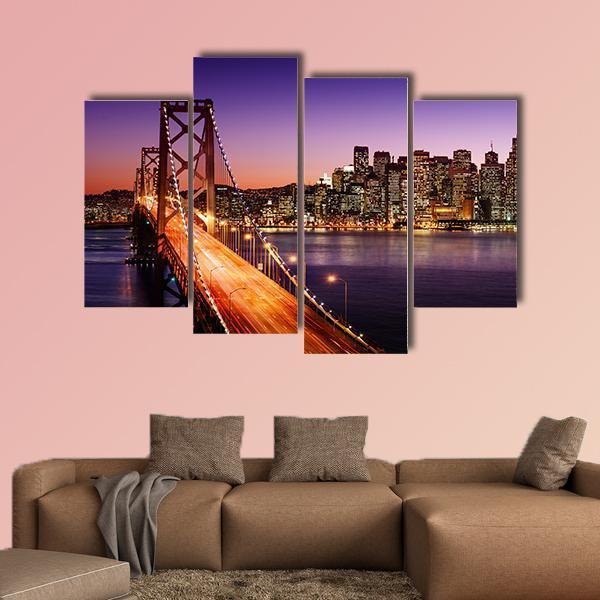 San Francisco Skyline And Bay Bridge At Sunset Canvas Wall Art-4 Pop-Gallery Wrap-50" x 32"-Tiaracle