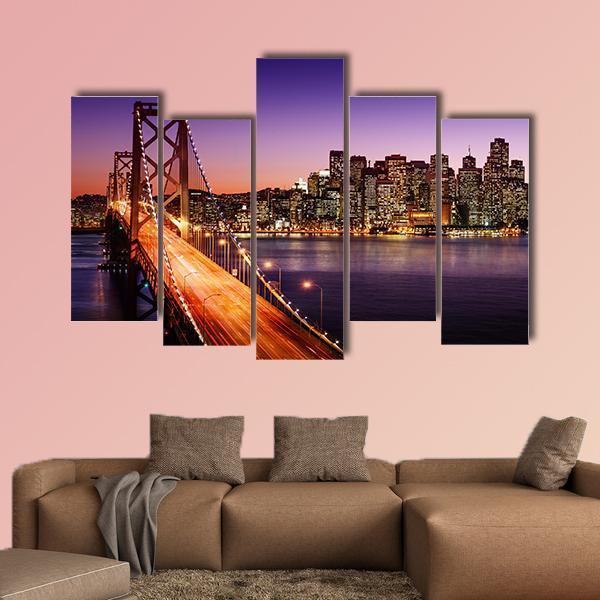 San Francisco Skyline And Bay Bridge At Sunset Canvas Wall Art-5 Pop-Gallery Wrap-47" x 32"-Tiaracle