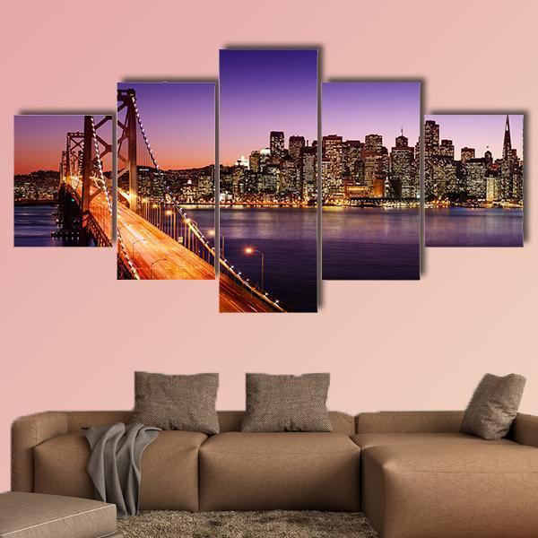 San Francisco Skyline And Bay Bridge At Sunset Canvas Wall Art-5 Star-Gallery Wrap-62" x 32"-Tiaracle
