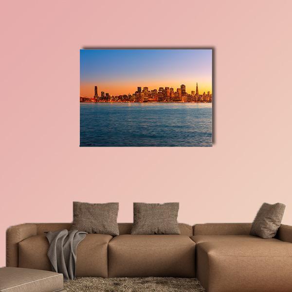 San Francisco Sunset Skyline Canvas Wall Art in orange, yellow and blue, single panel hung on a wall