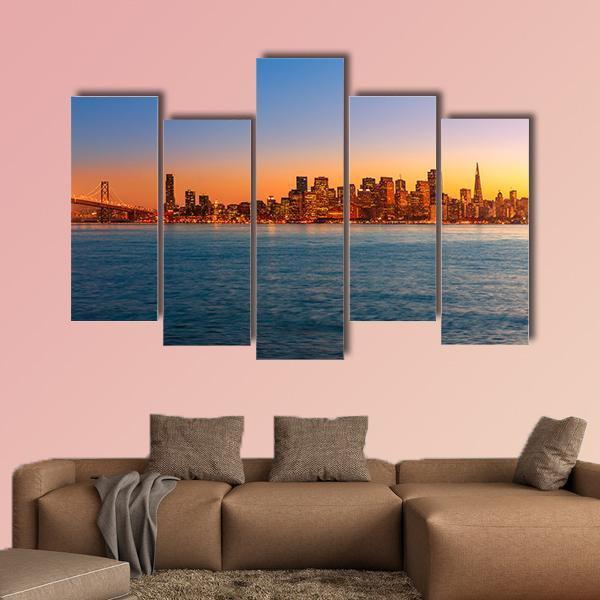 San Francisco Sunset Skyline In California Canvas Wall Art-5 Pop-Gallery Wrap-47" x 32"-Tiaracle