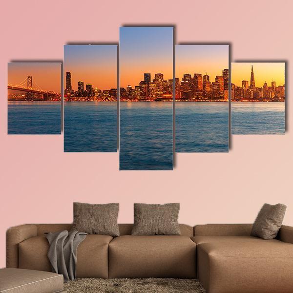 San Francisco Sunset Skyline In California Canvas Wall Art-5 Star-Gallery Wrap-62" x 32"-Tiaracle