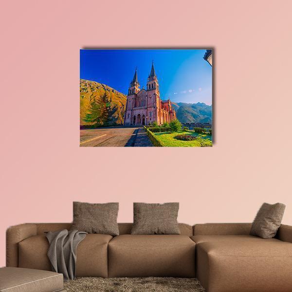 Sanctuary of Covadonga Basilica Canvas Wall Art in brown, green and blue, single panel hung on a wall