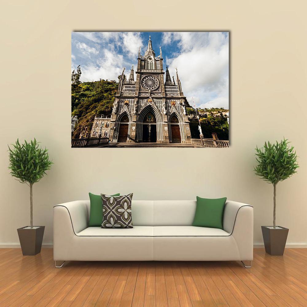 Las Lajas Sanctuary Stone Gothic Church Canvas Wall Art in gray, brown and blue, single panel hung on a wall