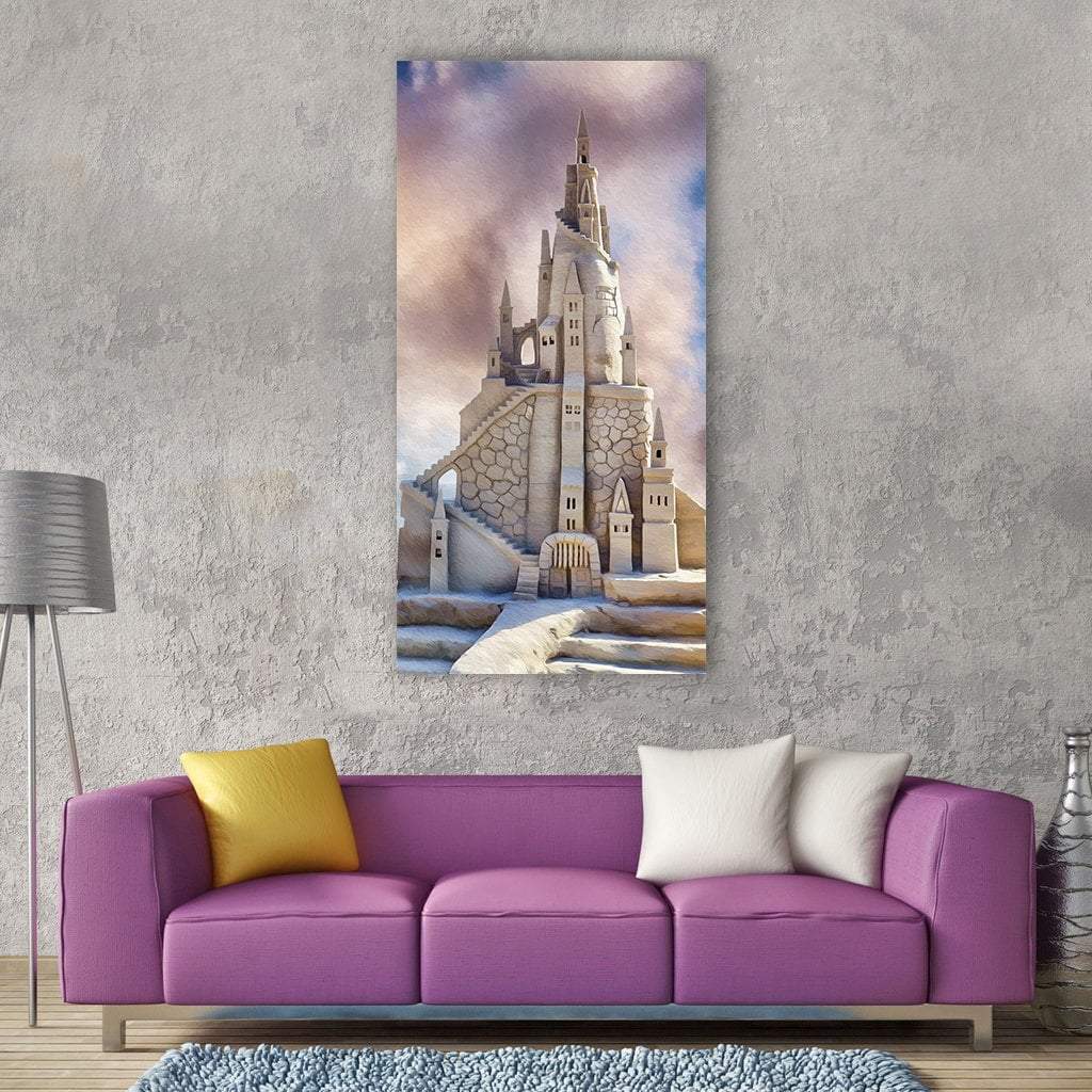 Sandcastle on Summer Beach Vertical Canvas Wall Art in beige, brown and blue, single vertical panel hung on a wall