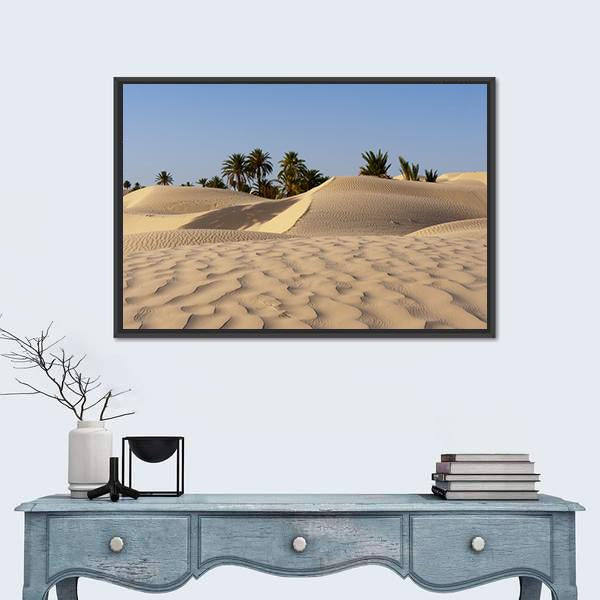 Sand Dune And Palm Tree In The Desert Canvas Wall Art-1 Piece-Floating Frame-24" x 16"-Tiaracle