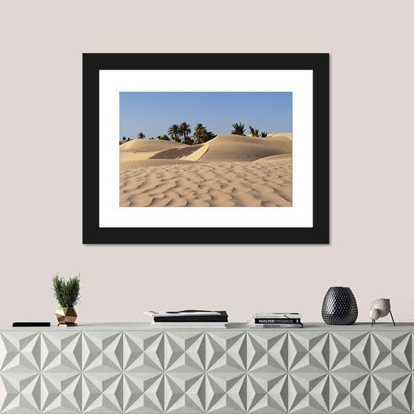 Sand Dune And Palm Tree In The Desert Canvas Wall Art-1 Piece-Framed Print-20" x 16"-Tiaracle