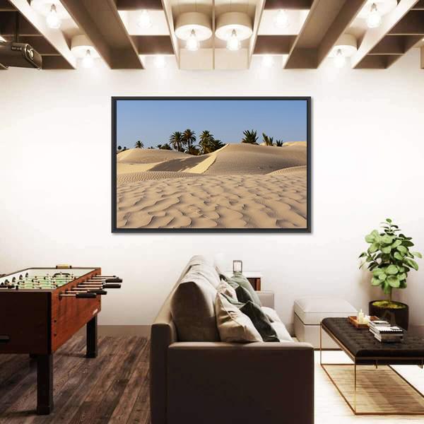 Sand Dune And Palm Tree In The Desert Canvas Wall Art-3 Horizontal-Gallery Wrap-25" x 16"-Tiaracle