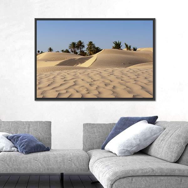 Sand Dune And Palm Tree In The Desert Canvas Wall Art-3 Horizontal-Gallery Wrap-25" x 16"-Tiaracle