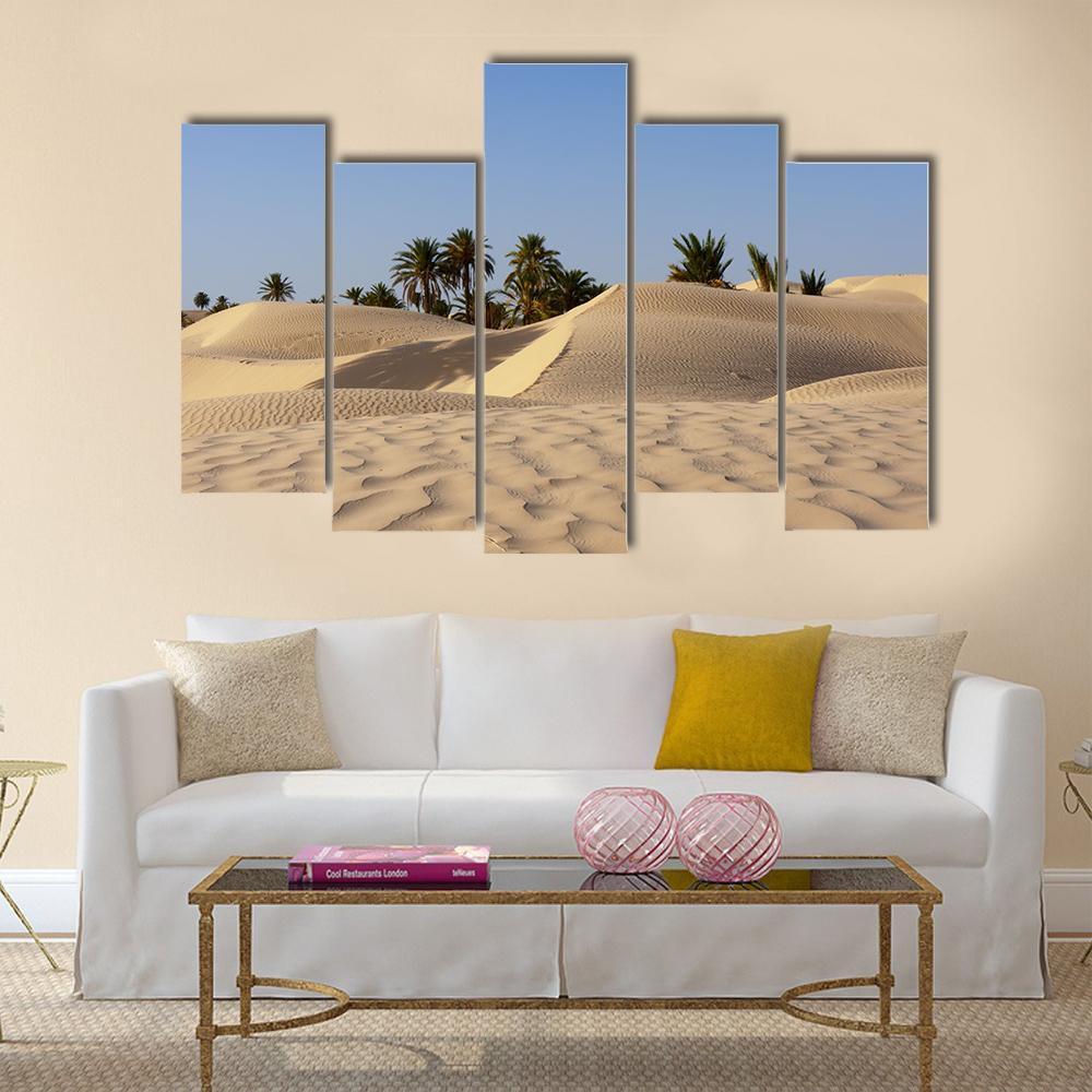 Sand Dune And Palm Tree In The Desert Canvas Wall Art-5 Pop-Gallery Wrap-47" x 32"-Tiaracle