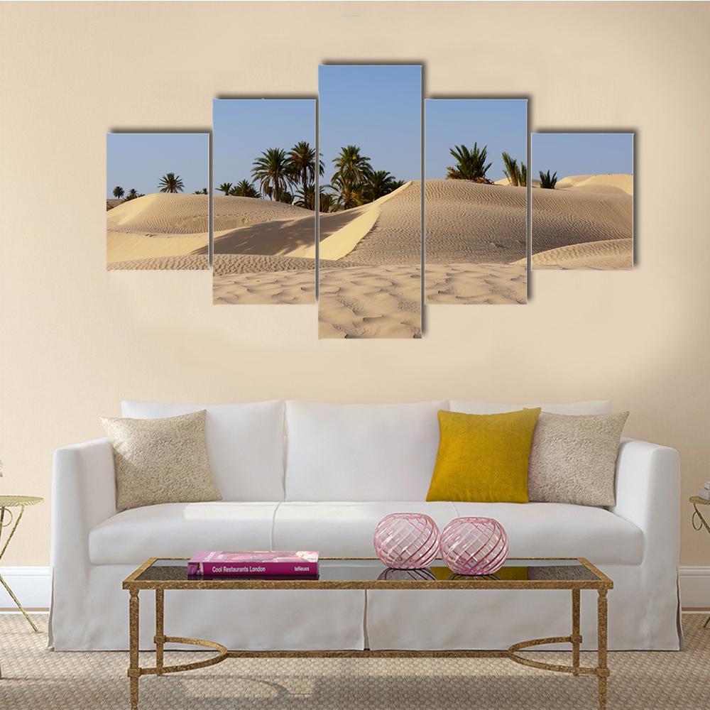 Sand Dune And Palm Tree In The Desert Canvas Wall Art-5 Star-Gallery Wrap-62" x 32"-Tiaracle
