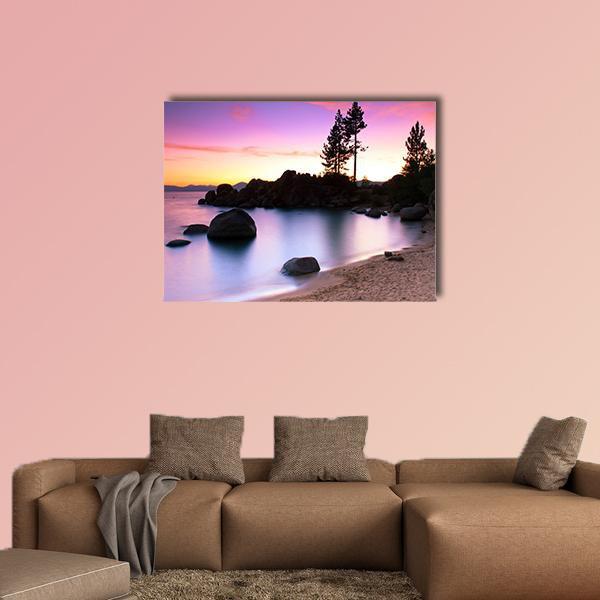 Sand Harbor Beach Sunset, Lake Tahoe Canvas Wall Art in orange, blue and purple, single panel hung on a wall