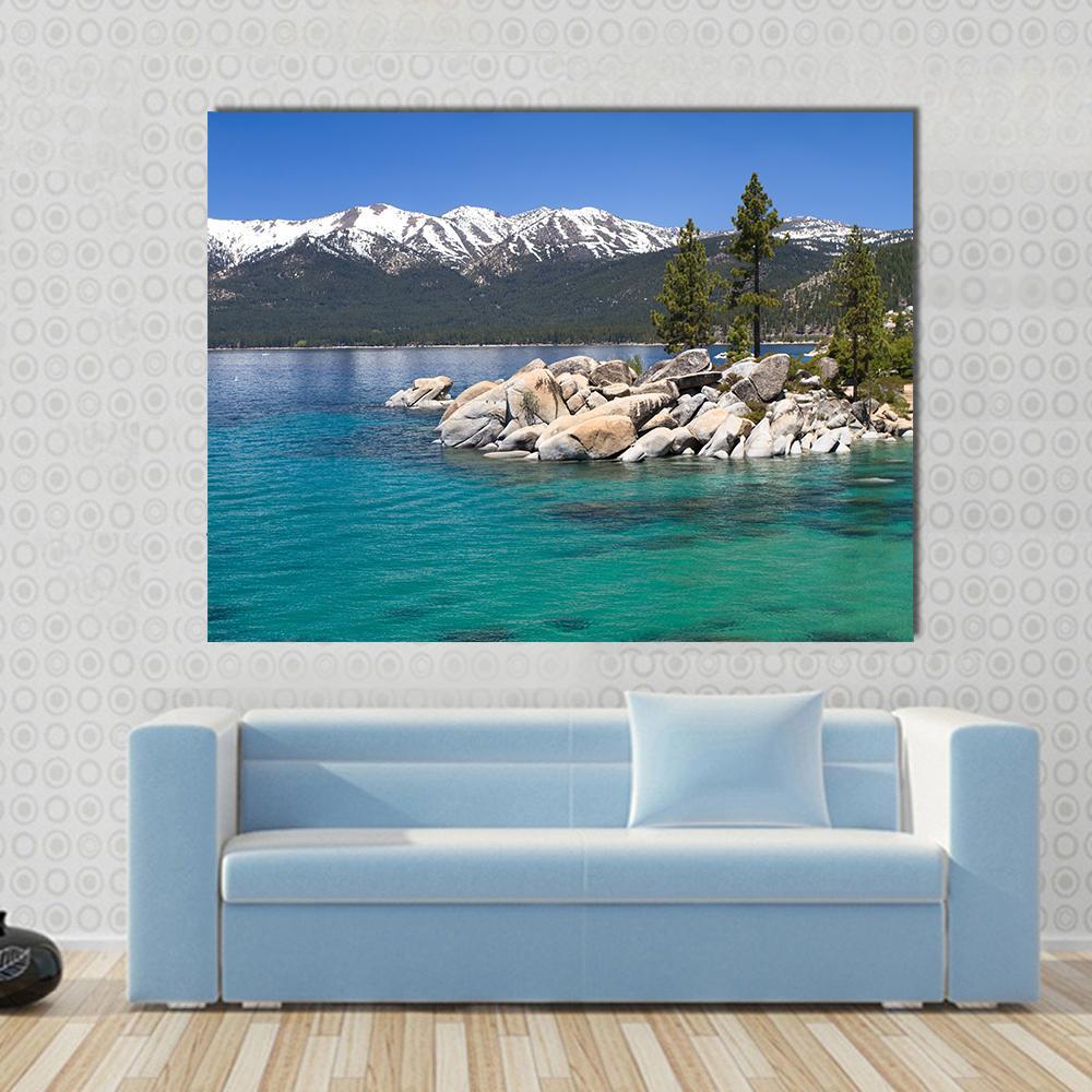 Sand Harbor Lake Tahoe Canvas Wall Art in white, green and blue, single panel hung on a wall