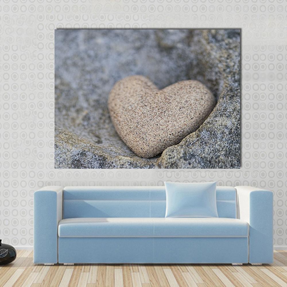 Sand Look Alike Heart Canvas Wall Art in gray, beige and brown, single panel hung on a wall