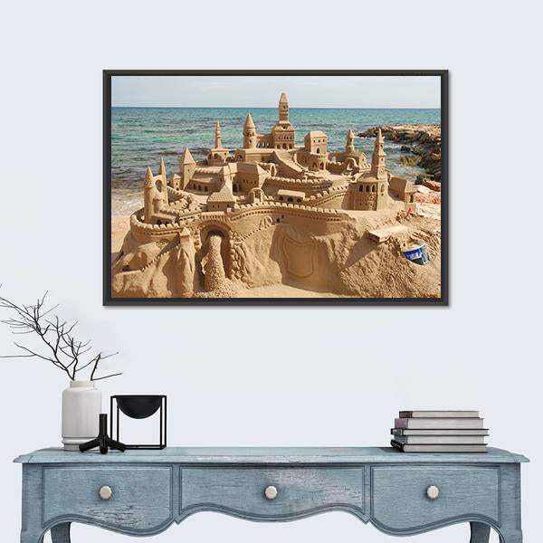 Sandcastle On Mediterranean Beach Canvas Wall Art-1 Piece-Floating Frame-24" x 16"-Tiaracle