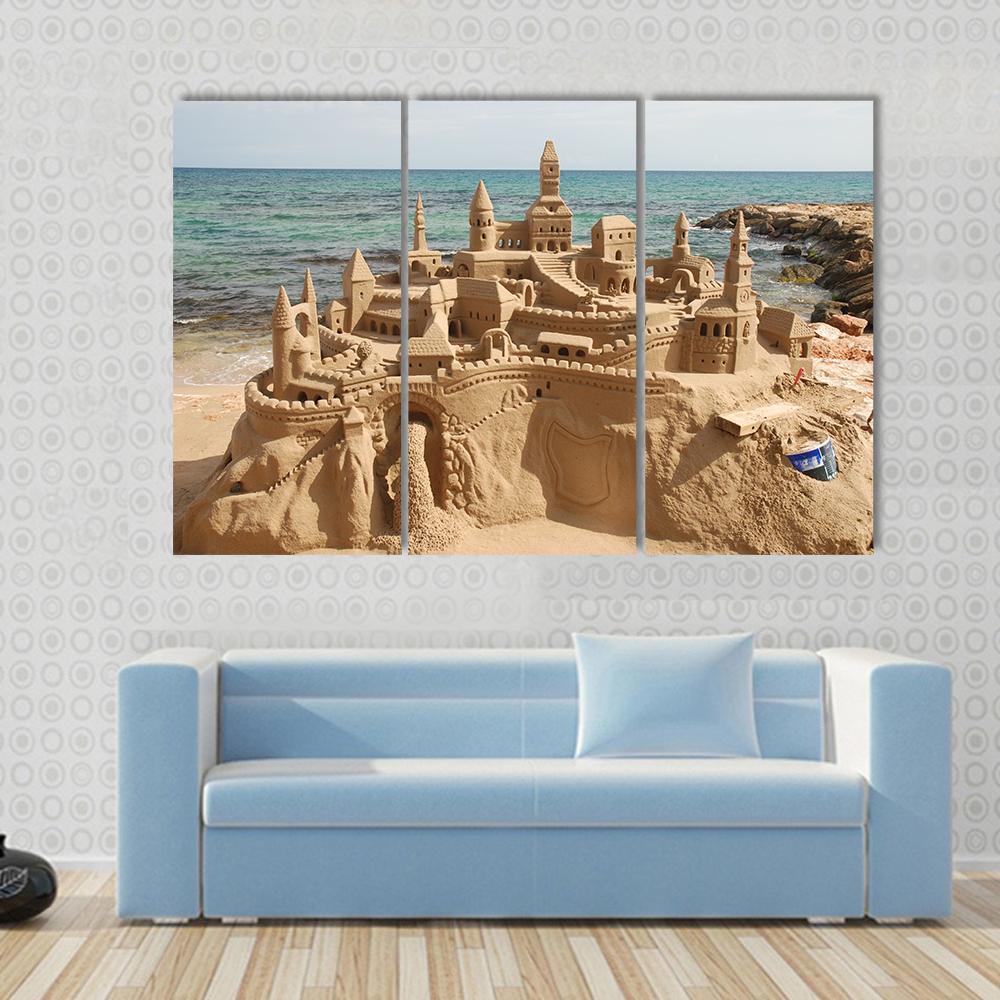 Sandcastle On Mediterranean Beach Canvas Wall Art-3 Horizontal-Gallery Wrap-37" x 24"-Tiaracle