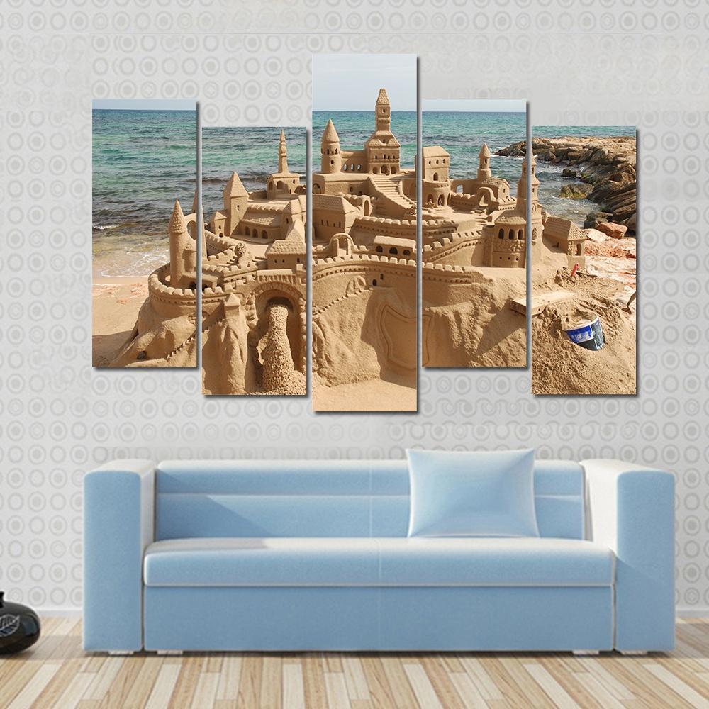 Sandcastle On Mediterranean Beach Canvas Wall Art-5 Pop-Gallery Wrap-47" x 32"-Tiaracle