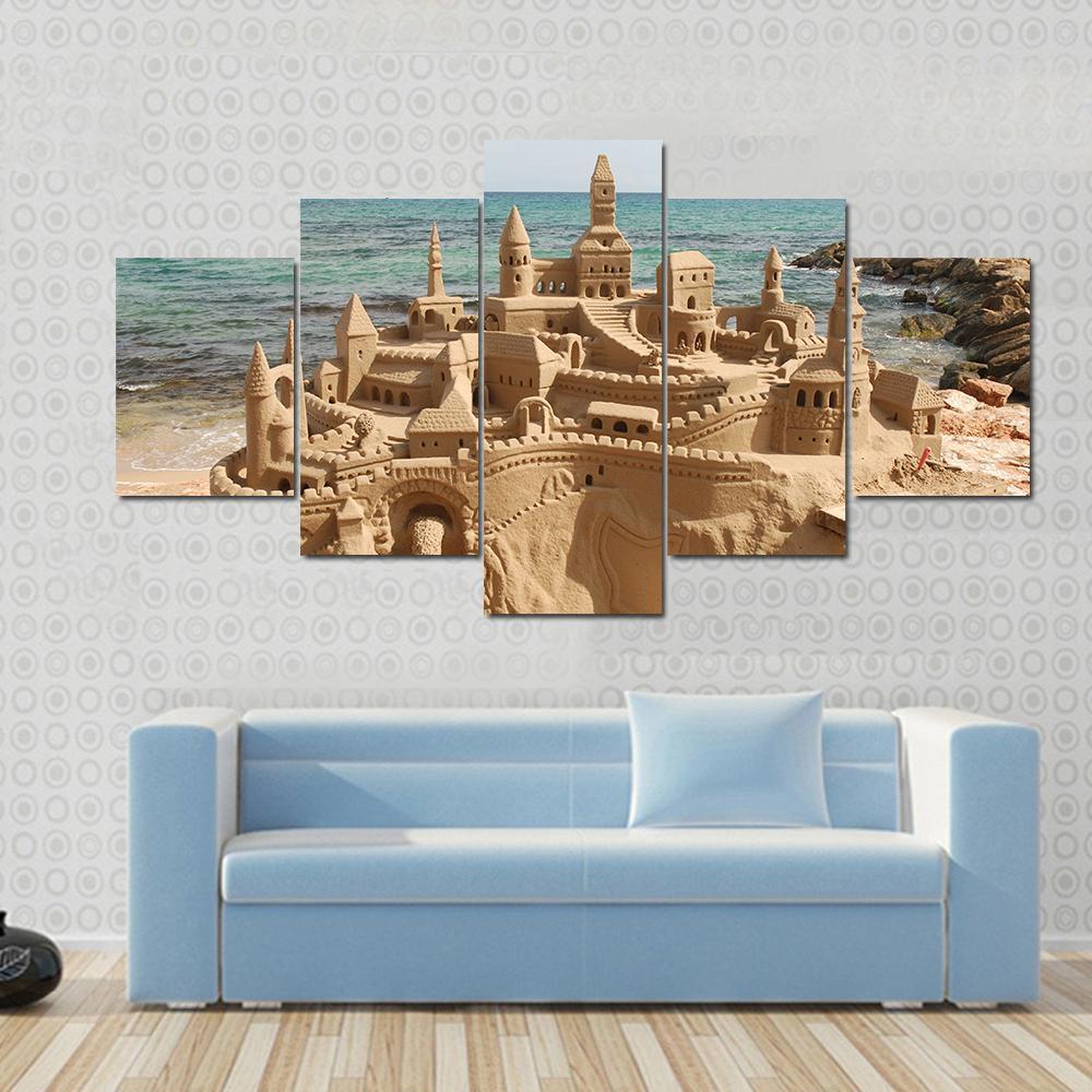 Sandcastle On Mediterranean Beach Canvas Wall Art-5 Star-Gallery Wrap-62" x 32"-Tiaracle