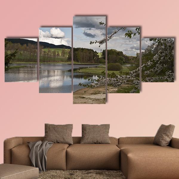 Sandy Beach And River Vltava Canvas Wall Art-5 Star-Gallery Wrap-62" x 32"-Tiaracle