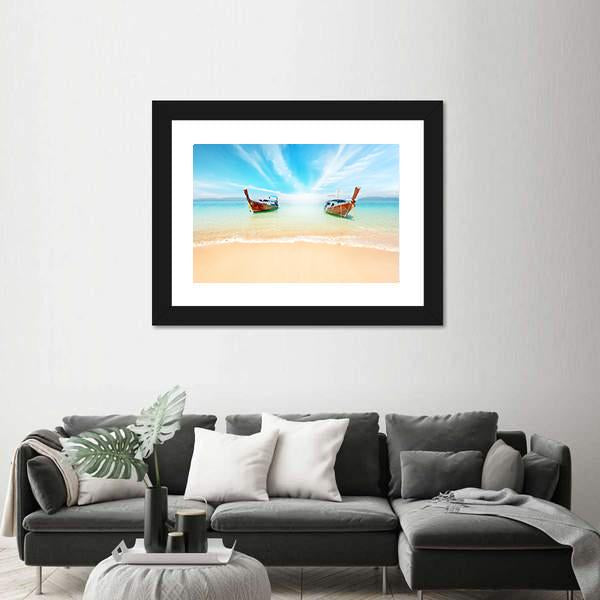 Sandy Beach And Travel Boats Canvas Wall Art-1 Piece-Framed Print-20" x 16"-Tiaracle