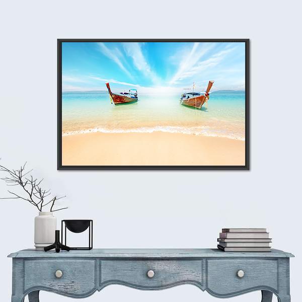 Sandy Beach And Travel Boats Canvas Wall Art-3 Horizontal-Gallery Wrap-25" x 16"-Tiaracle