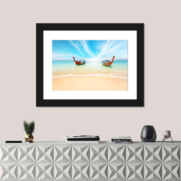 Sandy Beach And Travel Boats Canvas Wall Art-3 Horizontal-Gallery Wrap-25" x 16"-Tiaracle