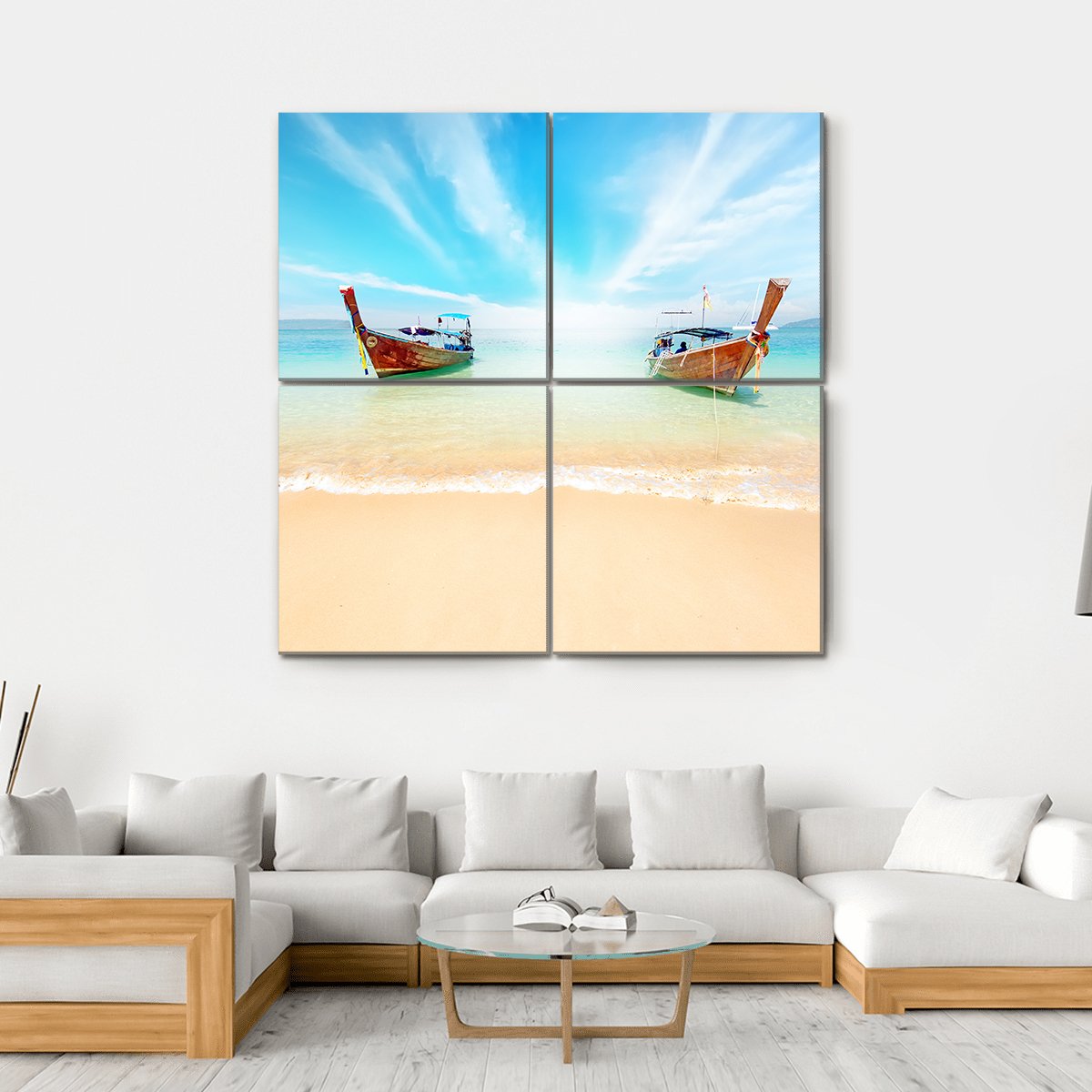 Sandy Beach And Travel Boats Canvas Wall Art-4 Square-Gallery Wrap-17" x 17"-Tiaracle