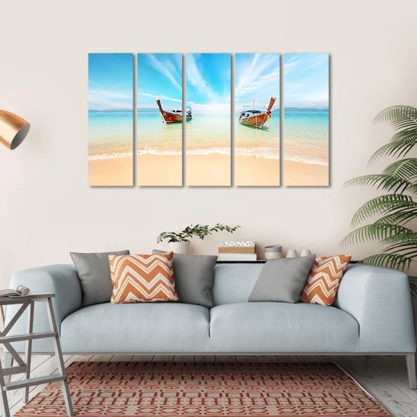 Sandy Beach And Travel Boats Canvas Wall Art-5 Horizontal-Gallery Wrap-22" x 12"-Tiaracle